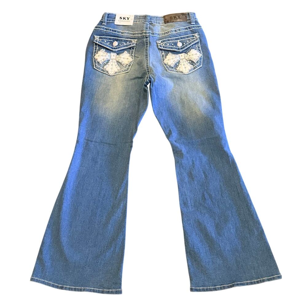 Sky Premium Collection Embellished Western Flare Jeans Mid Rise Medium Wash 9/10